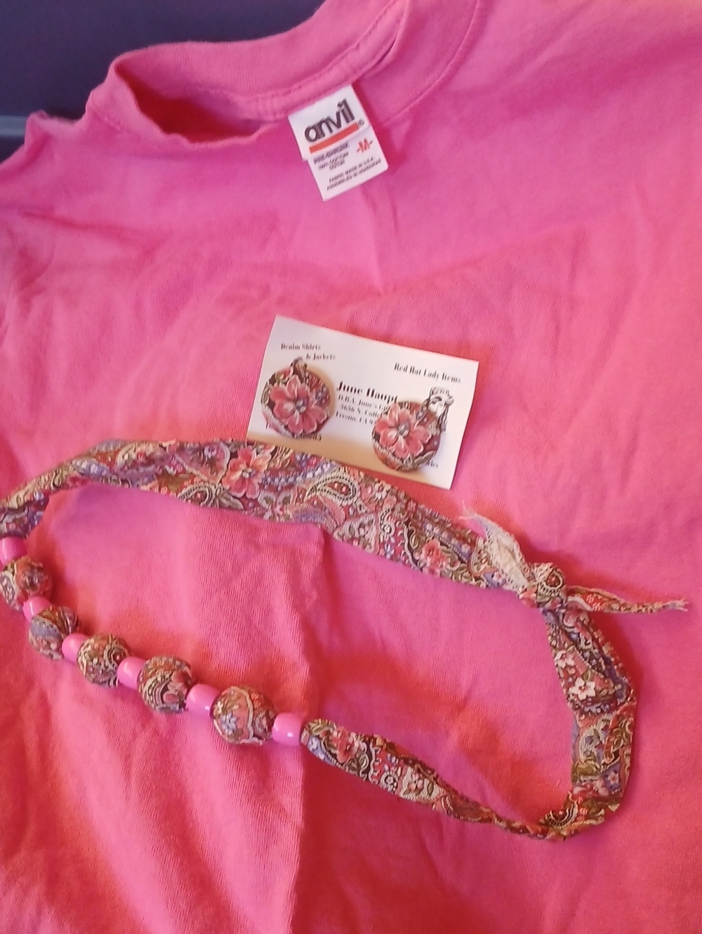 Anvil Pink Tee with Paisley Fabric Necklace and Beads
